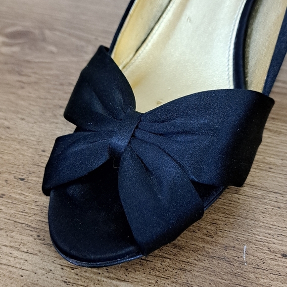J. Crew Black Heels Women's Size 8 Fabric Upper Bow Open Toe Gold Made in Italy - Picture 12 of 16
